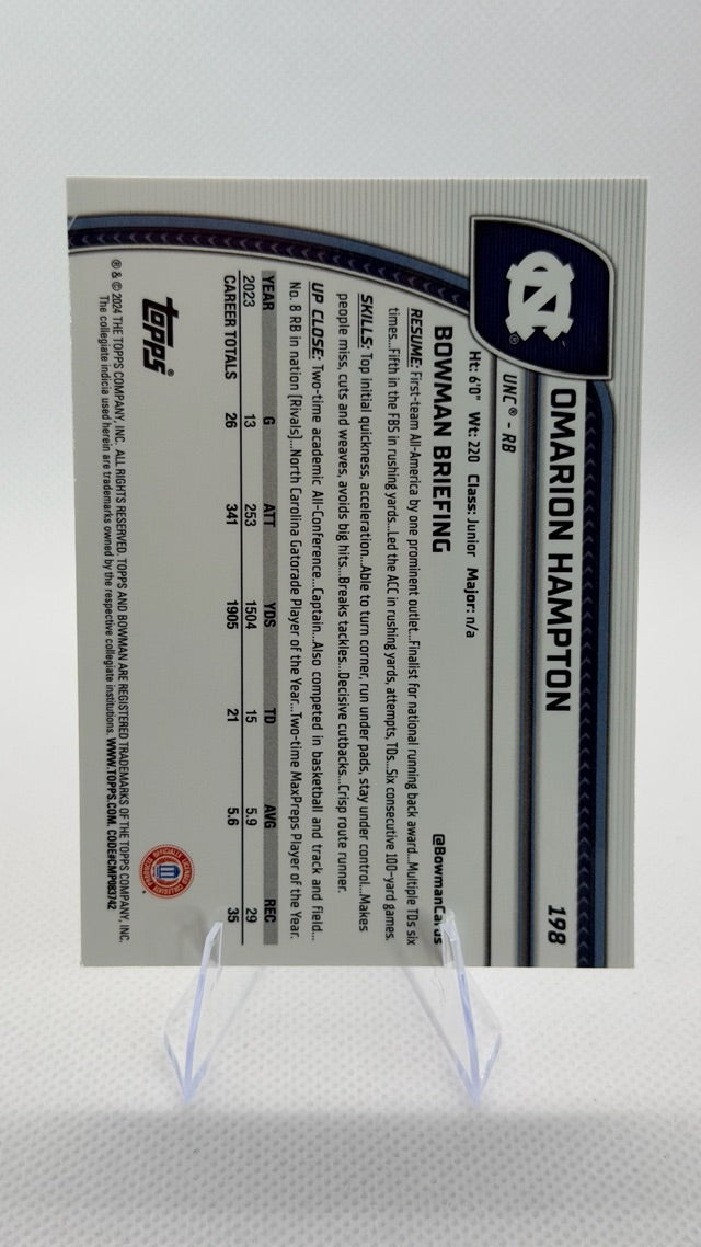 Omarion Hampton 2024 Bowman Bowman University Chrome #198 (front);Omarion Hampton 2024 Bowman Bowman University Chrome #198 (back)