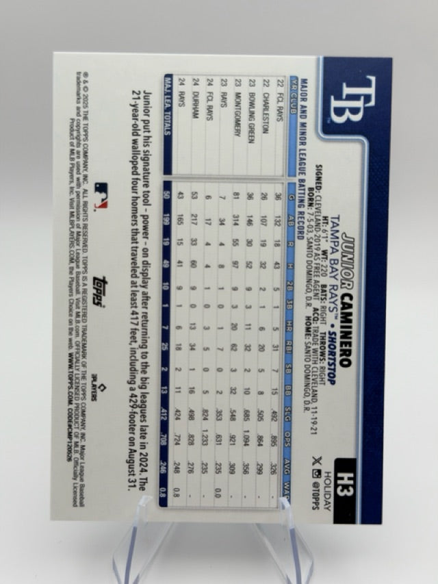 Junior Caminero 2025 Topps Topps Holiday #H3 (front);Junior Caminero 2025 Topps Topps Holiday #H3 (back)