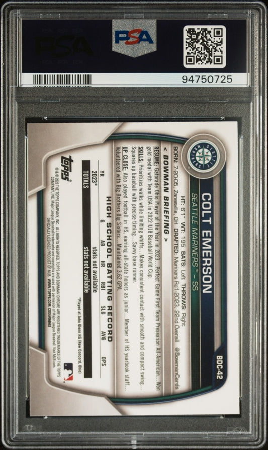 Colt Emerson 2023 Bowman Bowman Draft #BDC-42 (front);Colt Emerson 2023 Bowman Bowman Draft #BDC-42 (back)