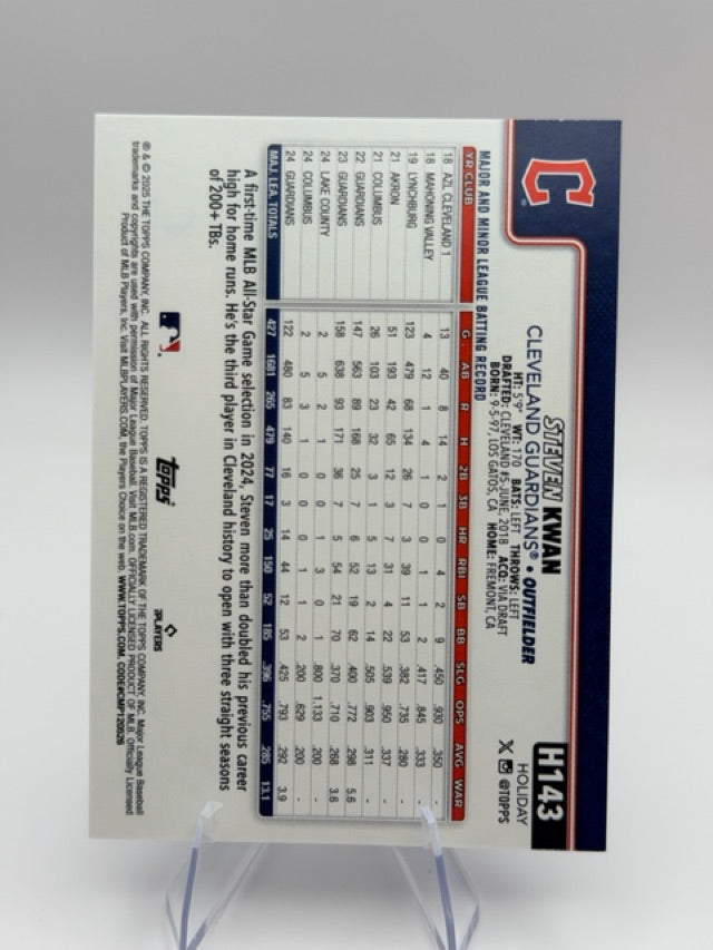 Steven Kwan 2025 Topps Topps Holiday #H143 (front);Steven Kwan 2025 Topps Topps Holiday #H143 (back)