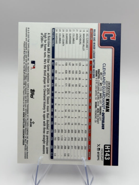 Steven Kwan 2025 Topps Topps Holiday #H143 (front);Steven Kwan 2025 Topps Topps Holiday #H143 (back)