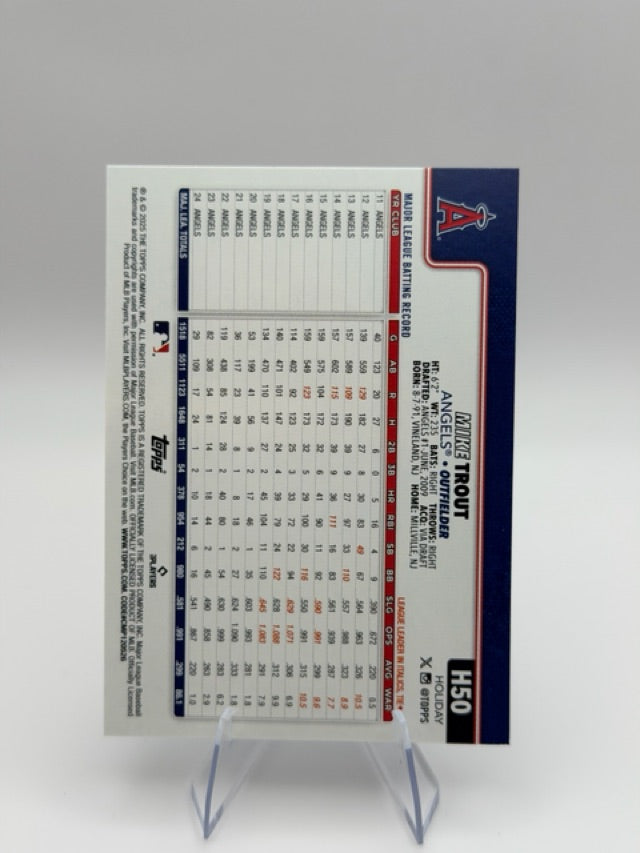 Mike Trout 2025 Topps Topps Holiday #H50 (front);Mike Trout 2025 Topps Topps Holiday #H50 (back)