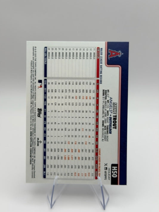 Mike Trout 2025 Topps Topps Holiday #H50 (front);Mike Trout 2025 Topps Topps Holiday #H50 (back)