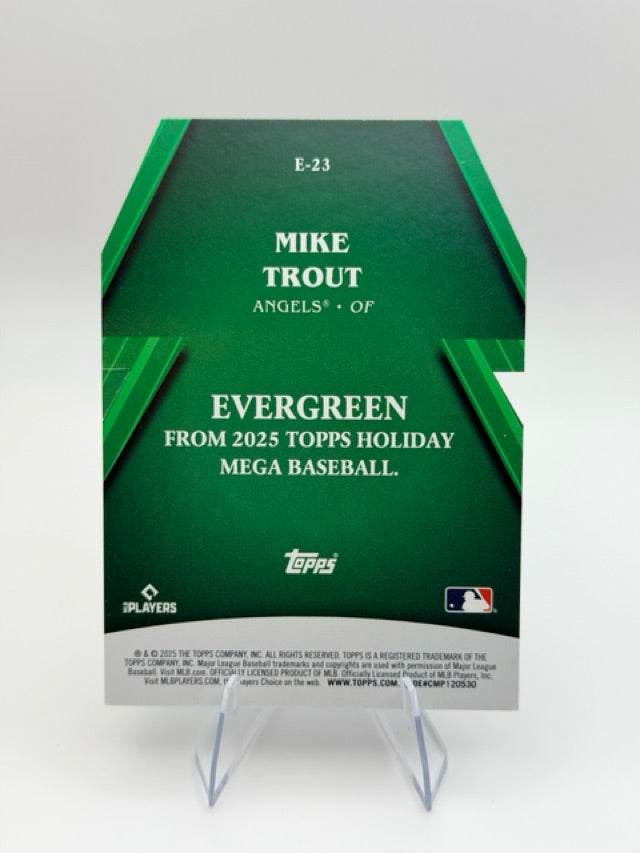 Mike Trout 2025 Topps Topps Holiday #E-23 (front);Mike Trout 2025 Topps Topps Holiday #E-23 (back)