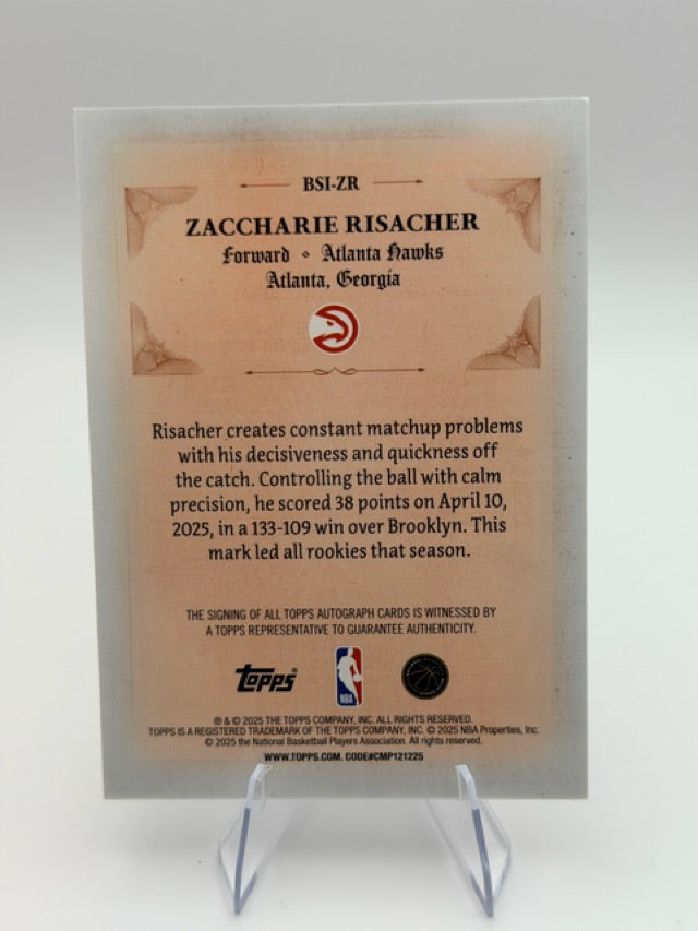 Zaccharie Risacher 2025-26 Topps Signed and Sealed #BSI-ZR (front);Zaccharie Risacher 2025-26 Topps Signed and Sealed #BSI-ZR (back)