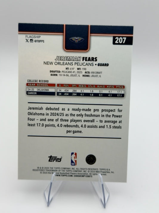 Jeremiah Fears 2025-26 Topps Diamante #207 (front);Jeremiah Fears 2025-26 Topps Diamante #207 (back)
