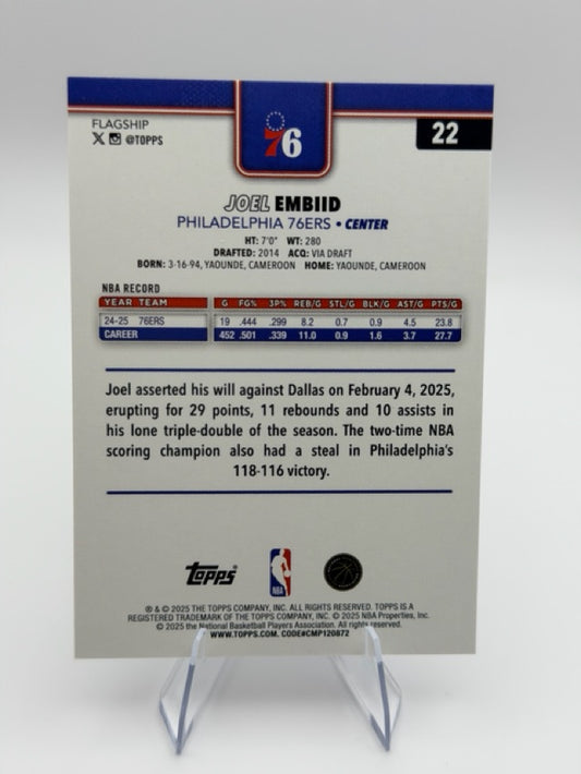 Joel Embiid 2025-26 Topps Flagship #22 (front);Joel Embiid 2025-26 Topps Flagship #22 (back)