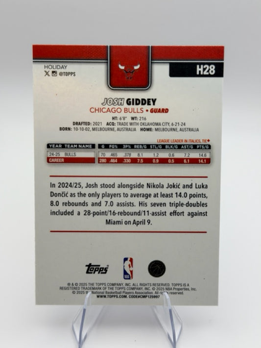 Josh Giddey 2025-26 Topps Topps Holiday #H28 (front);Josh Giddey 2025-26 Topps Topps Holiday #H28 (back)