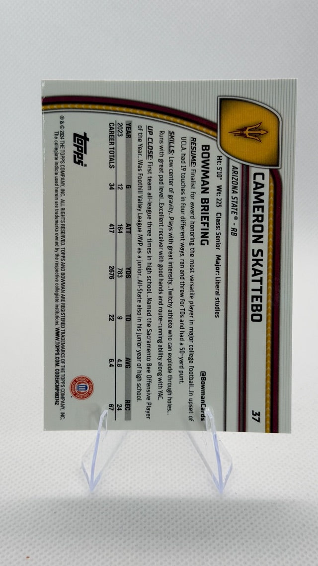 Cameron Skattebo 2024 Bowman Bowman University Chrome #37 (front);Cameron Skattebo 2024 Bowman Bowman University Chrome #37 (back)