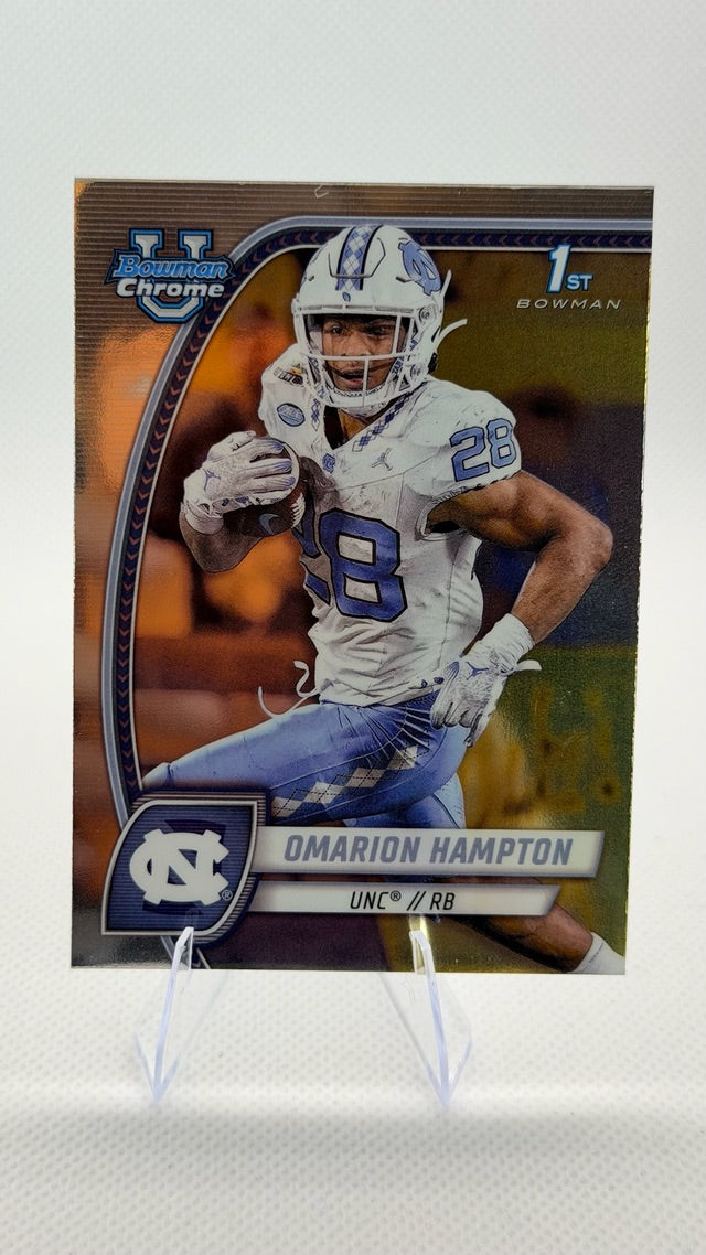 Omarion Hampton 2024 Bowman Bowman University Chrome #198 (front);Omarion Hampton 2024 Bowman Bowman University Chrome #198 (back)