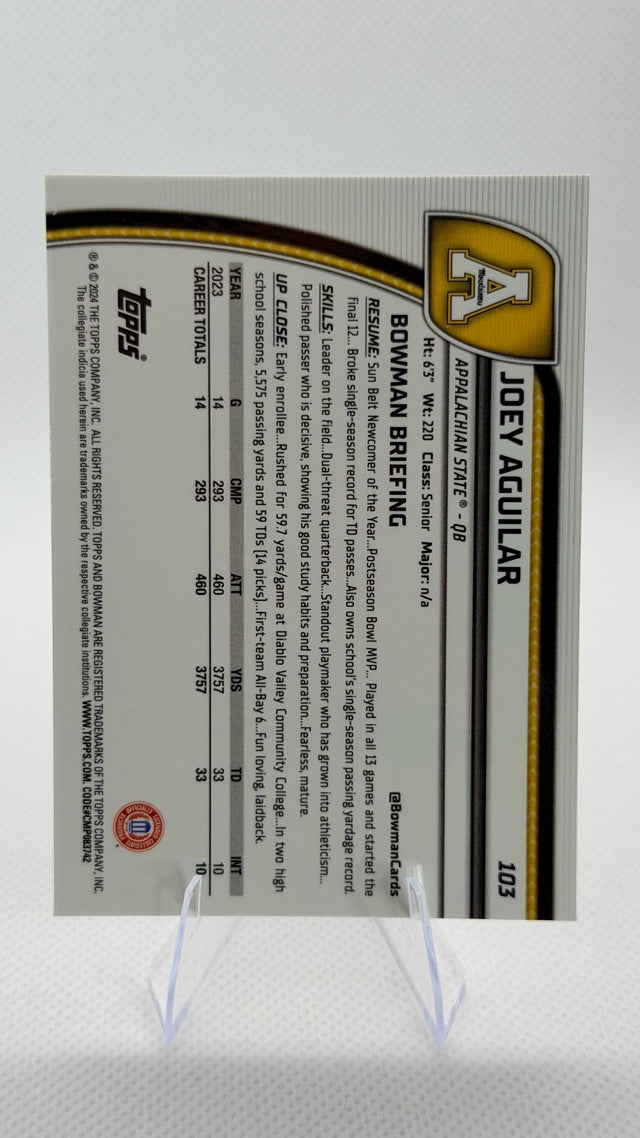 Joey Aguilar 2024 Bowman Bowman University Chrome #103 (front);Joey Aguilar 2024 Bowman Bowman University Chrome #103 (back)