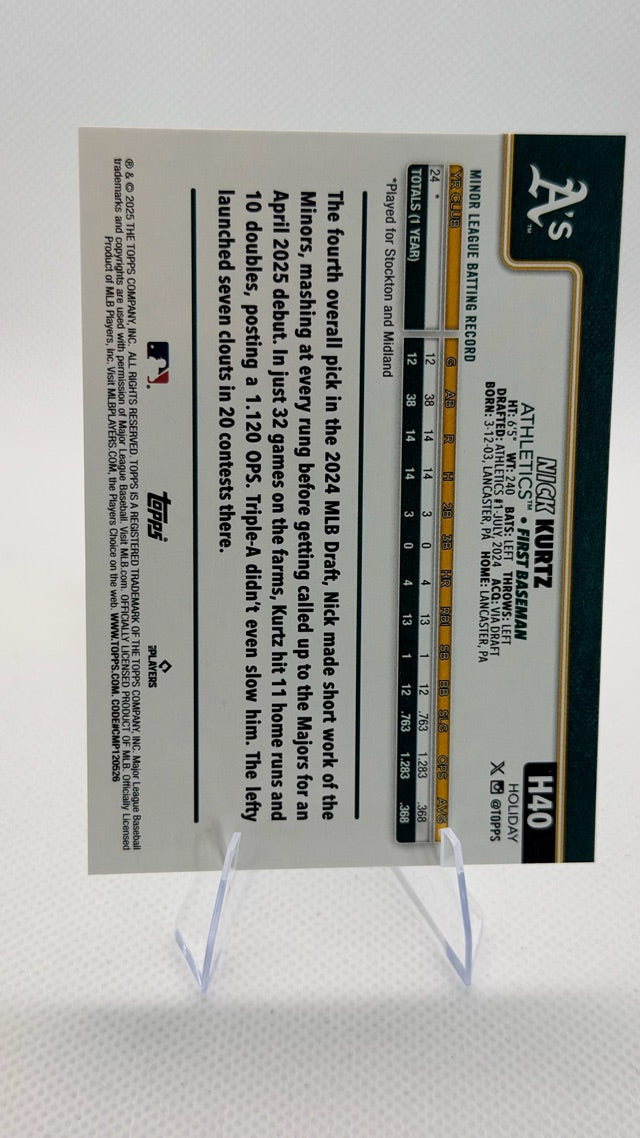 Nick Kurtz 2025 Topps Topps Holiday #H40 (front);Nick Kurtz 2025 Topps Topps Holiday #H40 (back)