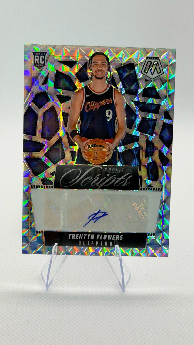 Trentyn Flowers 2024-25 Panini Rookie Scripts #RS-FLW (front);Trentyn Flowers 2024-25 Panini Rookie Scripts #RS-FLW (back)