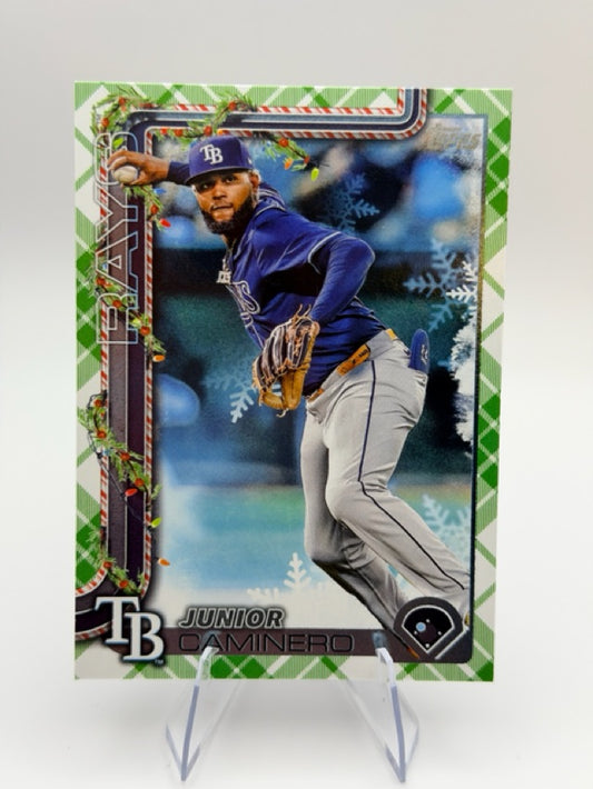 Junior Caminero 2025 Topps Topps Holiday #H3 (front);Junior Caminero 2025 Topps Topps Holiday #H3 (back)