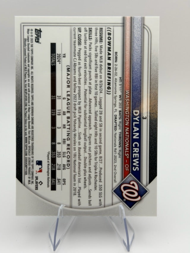 Dylan Crews 2025 Bowman Bowman Chrome #3 (front);Dylan Crews 2025 Bowman Bowman Chrome #3 (back)