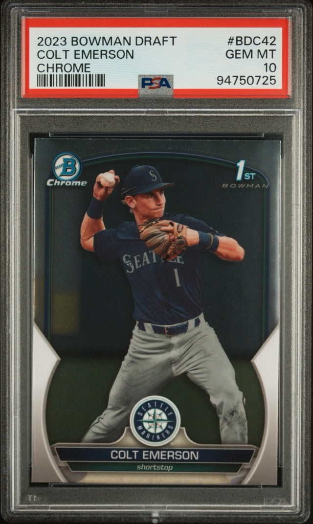 Colt Emerson 2023 Bowman Bowman Draft #BDC-42 (front);Colt Emerson 2023 Bowman Bowman Draft #BDC-42 (back)