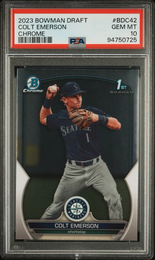 Colt Emerson 2023 Bowman Bowman Draft #BDC-42 (front);Colt Emerson 2023 Bowman Bowman Draft #BDC-42 (back)