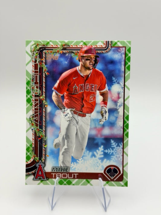 Mike Trout 2025 Topps Topps Holiday #H50 (front);Mike Trout 2025 Topps Topps Holiday #H50 (back)