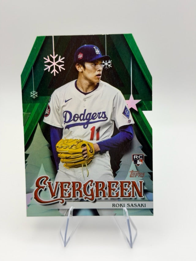 Roki Sasaki 2025 Topps Topps Holiday #E-1 (front);Roki Sasaki 2025 Topps Topps Holiday #E-1 (back)