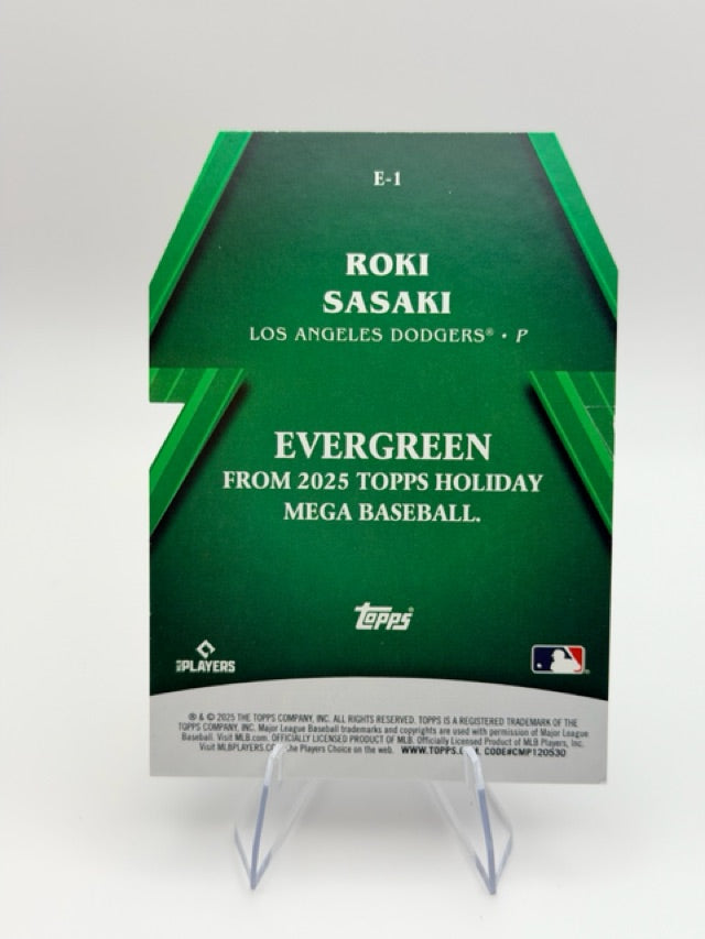 Roki Sasaki 2025 Topps Topps Holiday #E-1 (front);Roki Sasaki 2025 Topps Topps Holiday #E-1 (back)