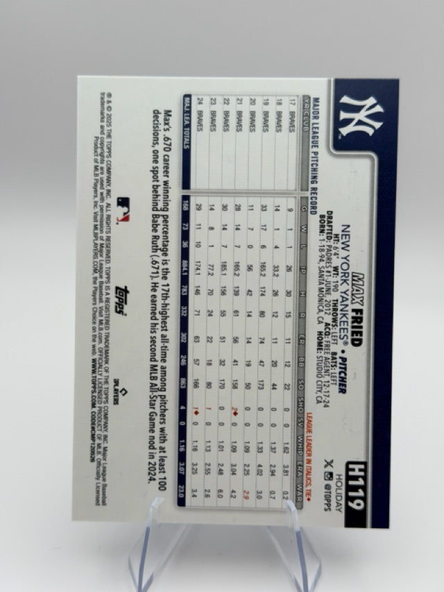 Max Fried 2025 Topps Topps Holiday #H119 (front);Max Fried 2025 Topps Topps Holiday #H119 (back)