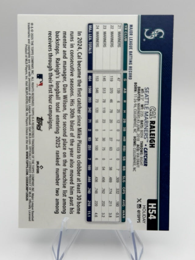 Cal Raleigh 2025 Topps Topps Holiday #H54 (front);Cal Raleigh 2025 Topps Topps Holiday #H54 (back)