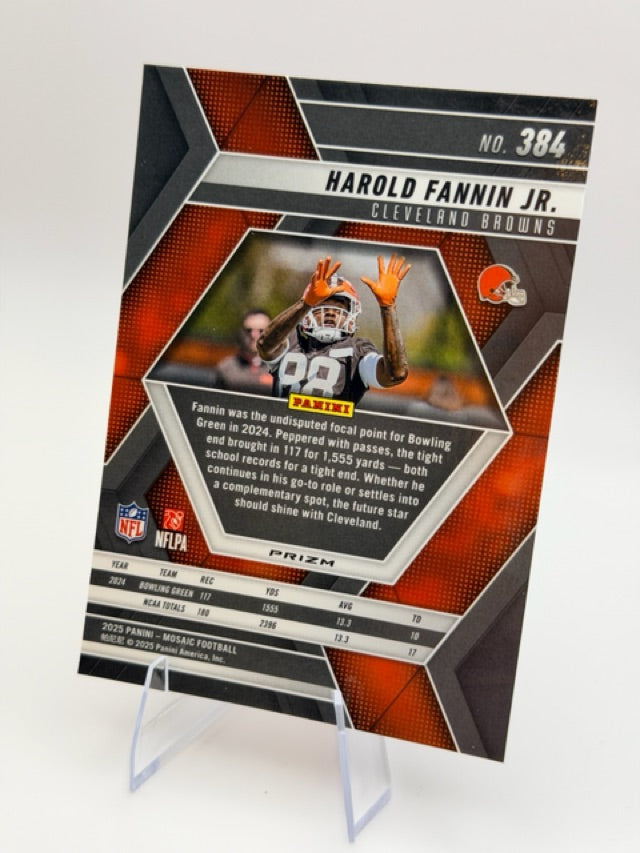 Harold Fannin Jr. 2025 Panini Panini Mosaic #384 (front);Harold Fannin Jr. 2025 Panini Panini Mosaic #384 (back)