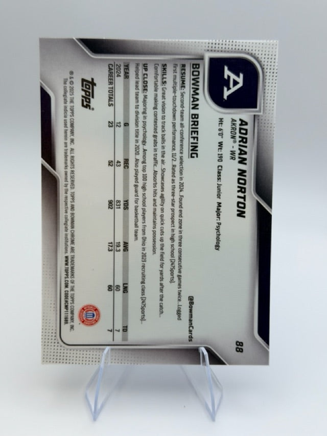 Adrian Norton 2025 Bowman Bowman University Chrome #88 (front);Adrian Norton 2025 Bowman Bowman University Chrome #88 (back)