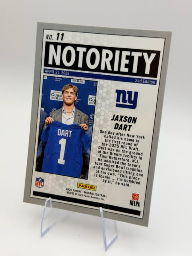Jaxson Dart 2025 Panini Notoriety #11 (front);Jaxson Dart 2025 Panini Notoriety #11 (back)