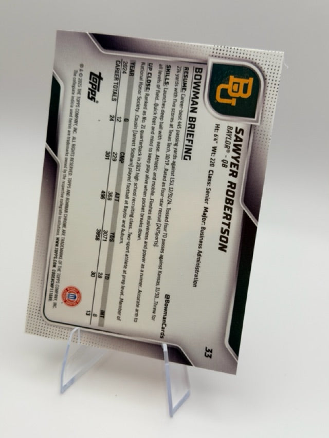 Sawyer Robertson 2025 Bowman Bowman University Chrome #33 (front);Sawyer Robertson 2025 Bowman Bowman University Chrome #33 (back)