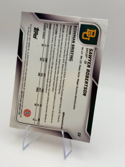 Sawyer Robertson 2025 Bowman Bowman University Chrome #33 (front);Sawyer Robertson 2025 Bowman Bowman University Chrome #33 (back)