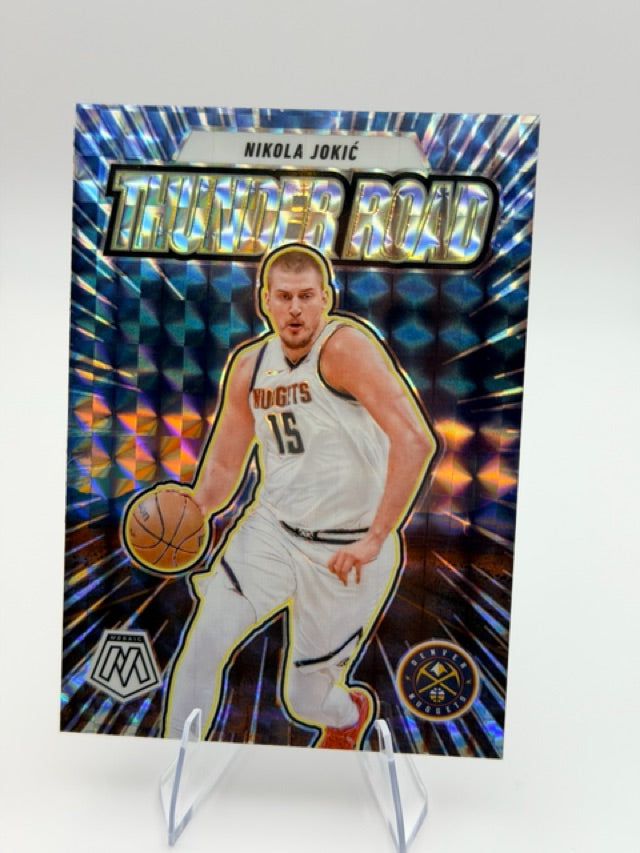 Nikola Jokic 2024-25 Panini Thunder Road Mosaic #13 (front);Nikola Jokic 2024-25 Panini Thunder Road Mosaic #13 (back)
