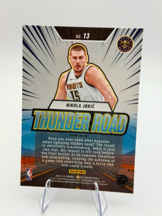 Nikola Jokic 2024-25 Panini Thunder Road Mosaic #13 (front);Nikola Jokic 2024-25 Panini Thunder Road Mosaic #13 (back)