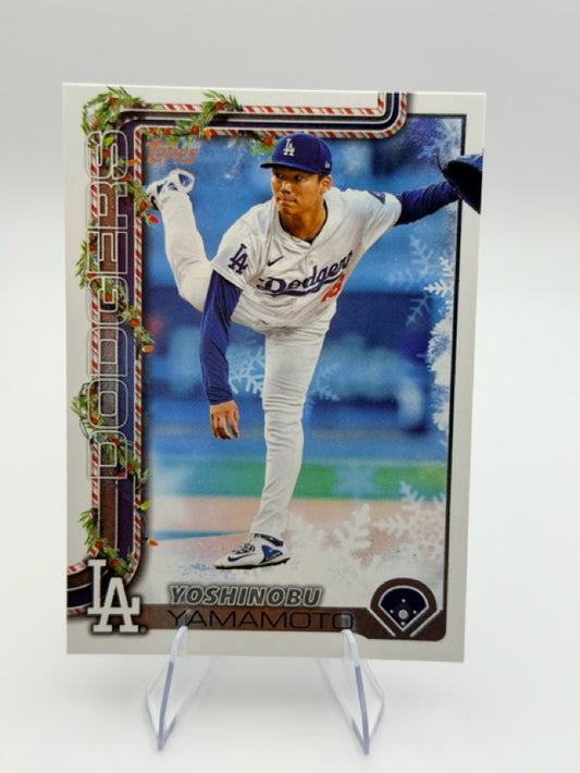 Yoshinobu Yamamoto 2025 Topps Topps Holiday #H159 (front);Yoshinobu Yamamoto 2025 Topps Topps Holiday #H159 (back)