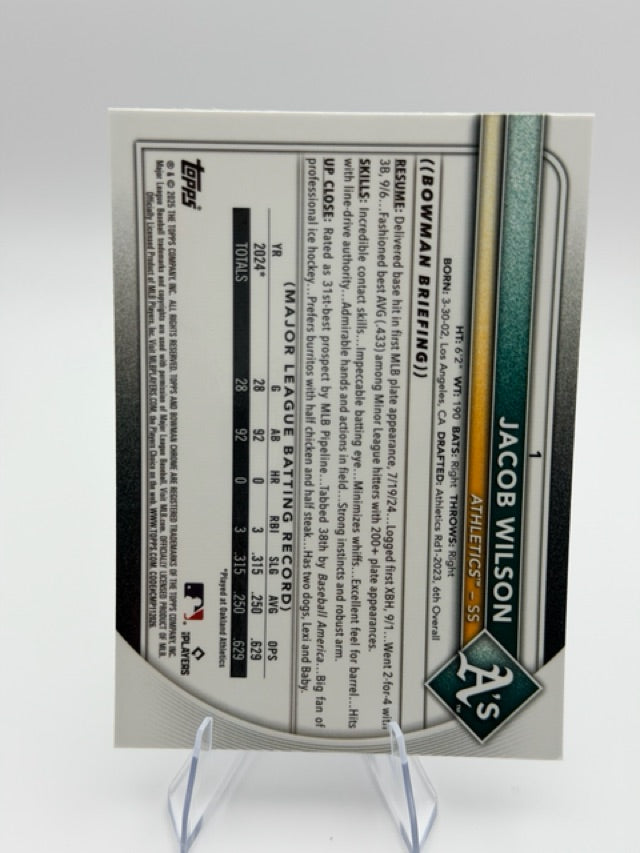 Jacob Wilson 2025 Bowman Bowman Chrome #1 (front);Jacob Wilson 2025 Bowman Bowman Chrome #1 (back)