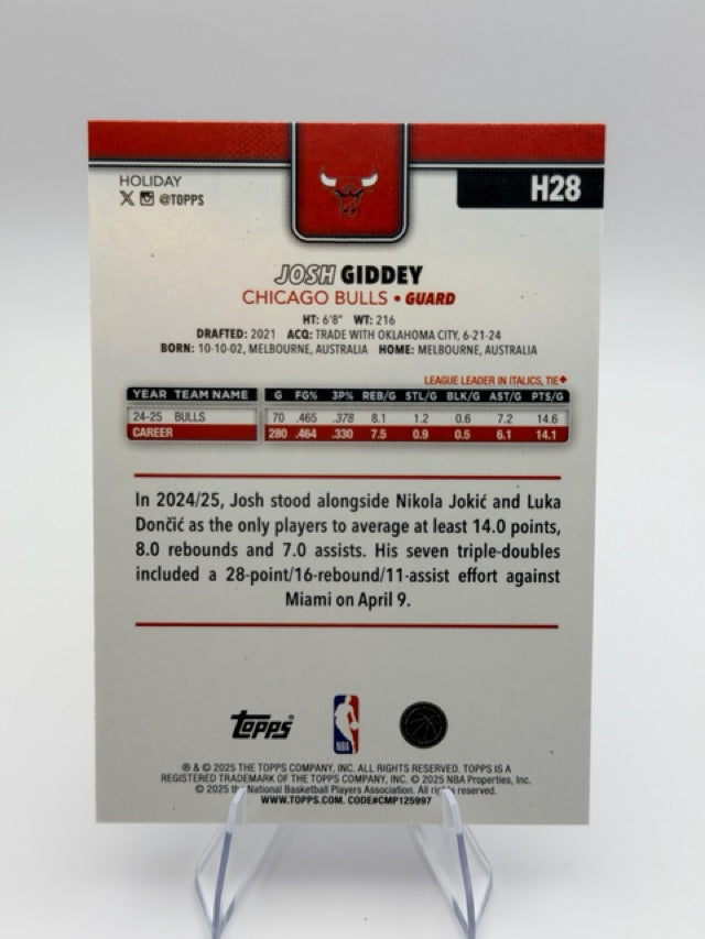 Josh Giddey 2025-26 Topps Topps Holiday #H28 (front);Josh Giddey 2025-26 Topps Topps Holiday #H28 (back)