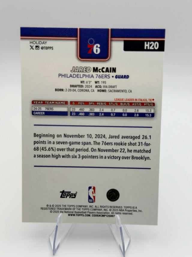 Jared McCain 2025-26 Topps Topps Holiday #H20 (front);Jared McCain 2025-26 Topps Topps Holiday #H20 (back)