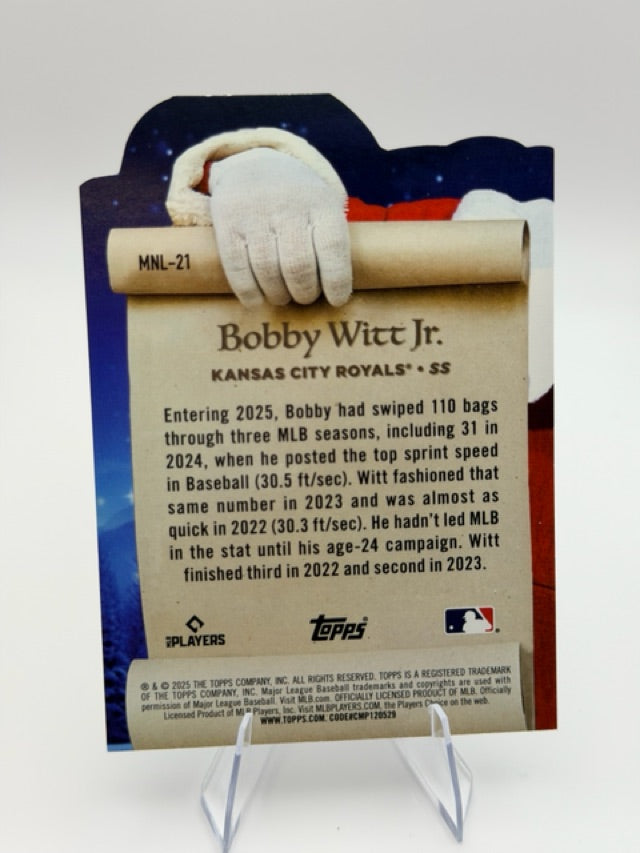 Bobby Witt Jr. 2025 Topps Topps Holiday #MNL-21 (front);Bobby Witt Jr. 2025 Topps Topps Holiday #MNL-21 (back)
